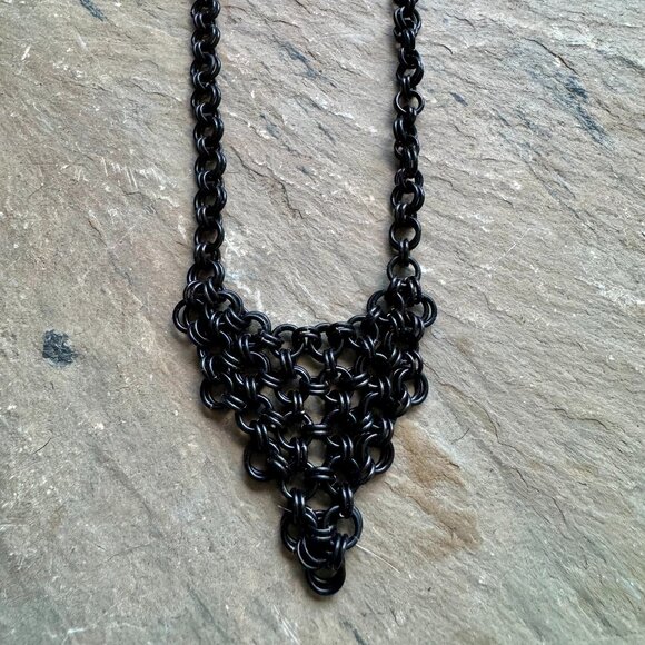 Vintage Y2K Black Chainmail Bib Necklace | Goth Grunge Statement - Picture 1 of 5
